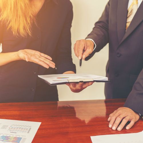 Pessoas de negócios discutindo a regularização química durante a reunião